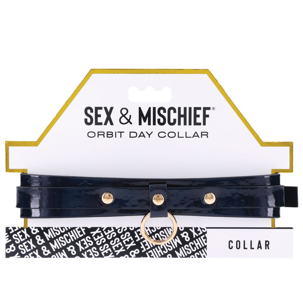 Sportsheets S&M Orbit Day Collar Rainbow Faux Leather displayed in packaging with vibrant colors and stylish design.