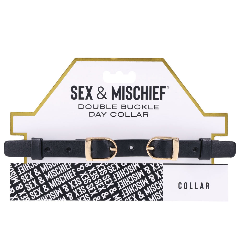 S&M Double Buckle Faux Leather Day Collar displayed with dual buckle design on packaging.
