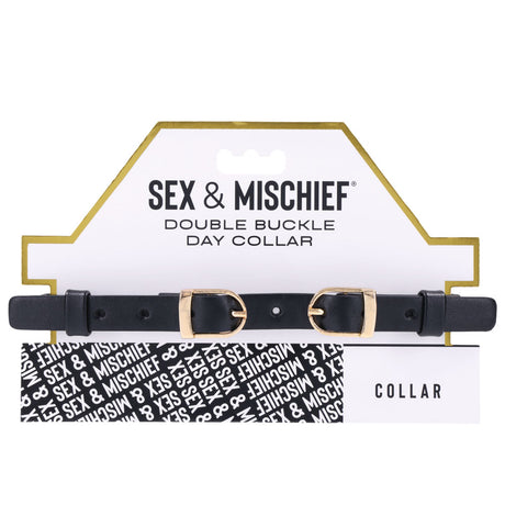 S&M Double Buckle Faux Leather Day Collar displayed with dual buckle design on packaging.