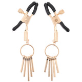 Sportsheets S&M Verge Adjustable Nipple Clamps - gold adjustable nipple clamps with rings and dangling chains.