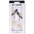 Sportsheets S&M Verge Adjustable Nipple Clamps in packaging with gold accents and black straps for sensory play.