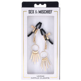 Sportsheets S&M Verge Adjustable Nipple Clamps in packaging with gold accents and black straps for sensory play.