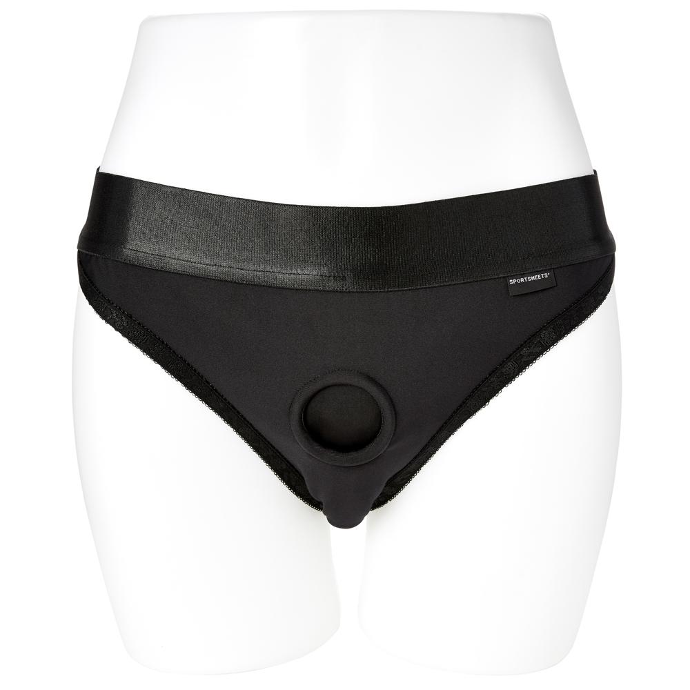 Sportsheets Em.ex Silhouette Strap-On Harness 3XL on a mannequin, showcasing its sleek black design and secure fit.