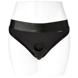 Sportsheets Em.ex Silhouette Strap-On Harness 3XL on a mannequin, showcasing its sleek black design and secure fit.