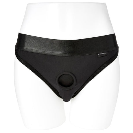Sportsheets Em.ex Silhouette Strap-On Harness 3XL on a mannequin, showcasing its sleek black design and secure fit.