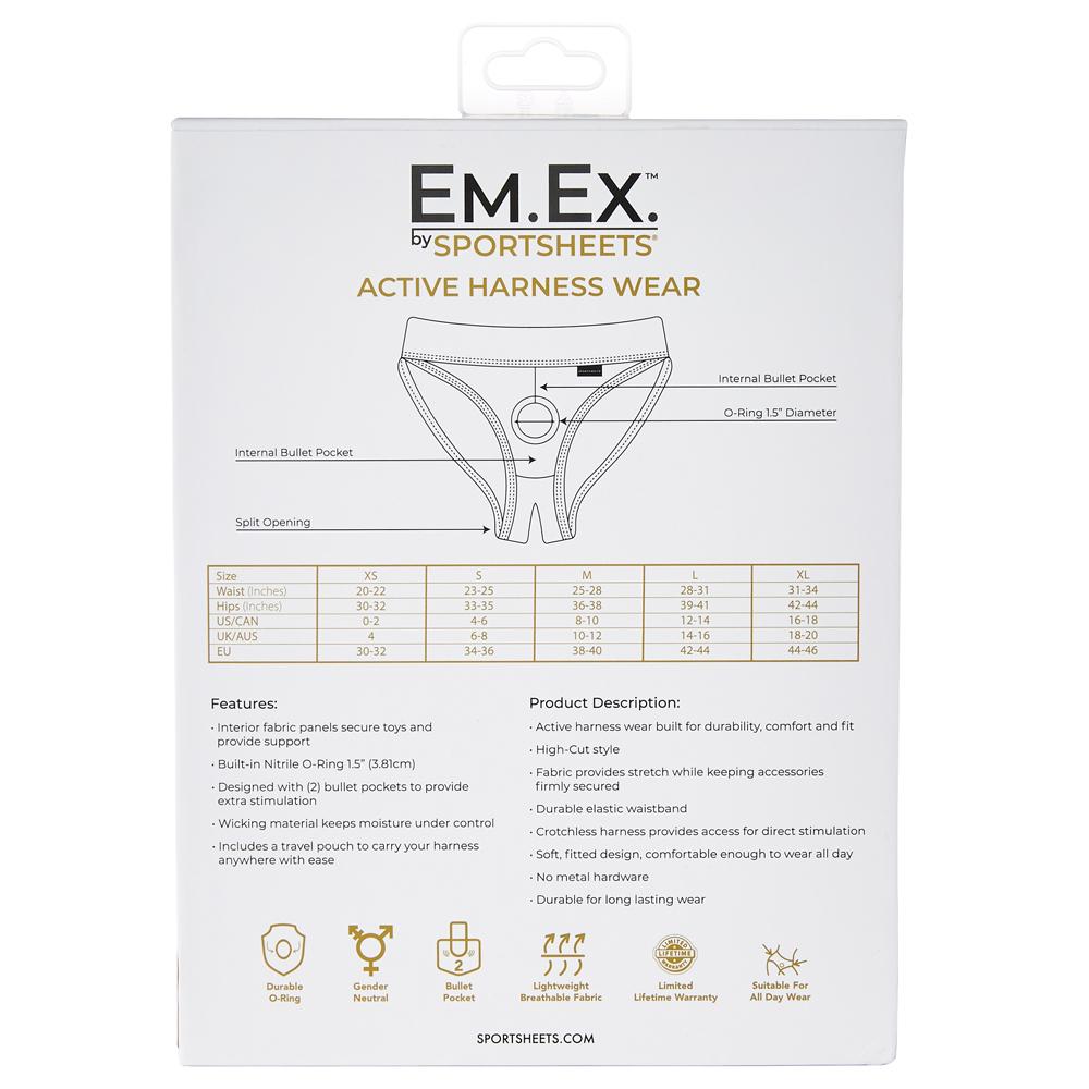 Sportsheets Em.ex Silhouette Strap-On Harness 3XL packaging displaying features and size chart.