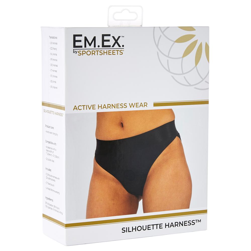 Sportsheets Em.ex Silhouette Strap-On Harness 3XL packaging on display with active harness wear design.
