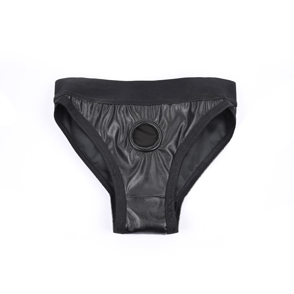 Sportsheets Em Ex Fit Patent Corset Harness Large - black harness with circular opening for secure fit.