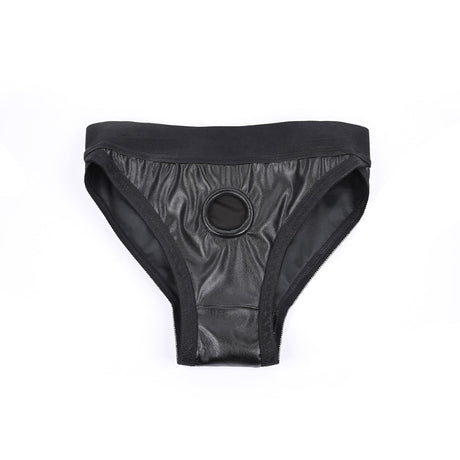 Sportsheets Em Ex Fit Patent Corset Harness Large - black harness with circular opening for secure fit.