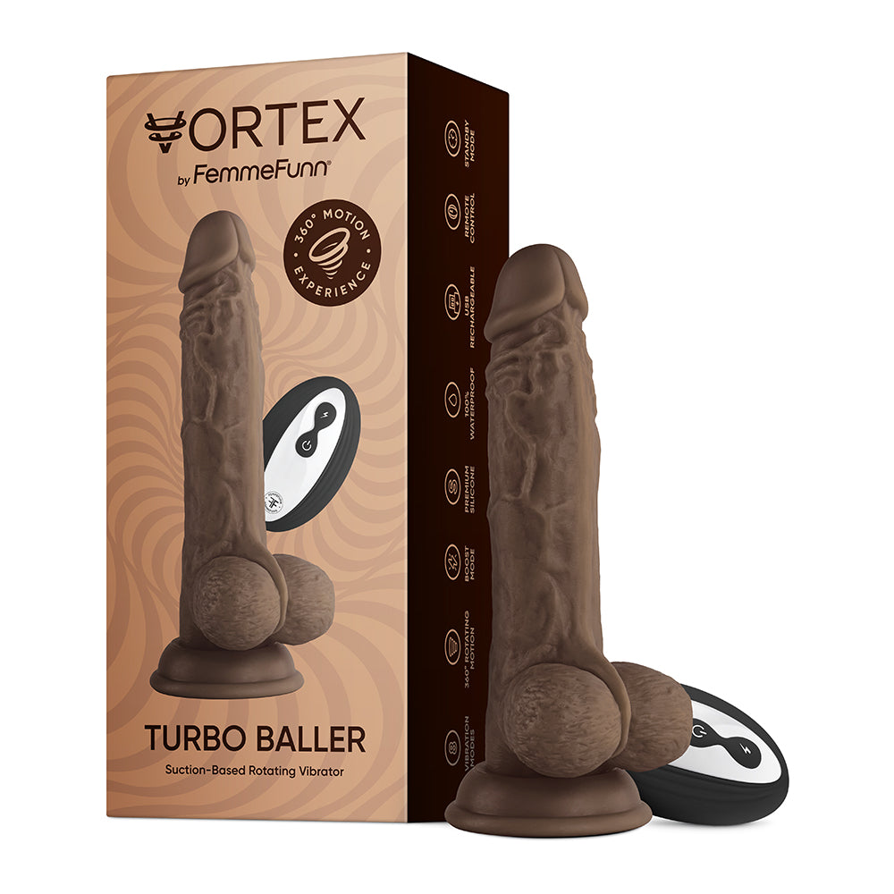 FemmeFunn Vortex Turbo Baller 2.0 8.25 inches Vibrating Rotating Dildo Brown