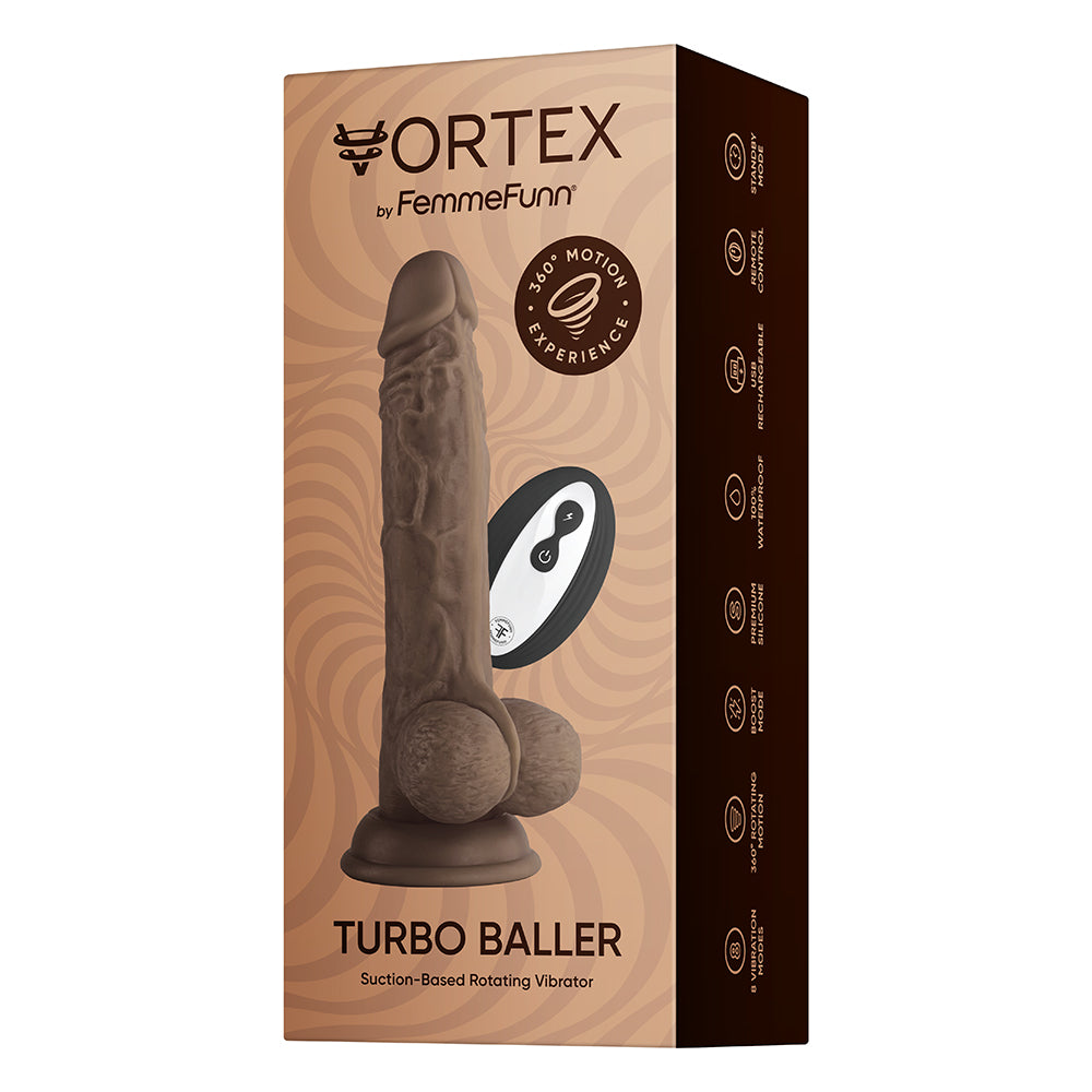 FemmeFunn Vortex Turbo Baller 2.0 8.25 inches Vibrating Rotating Dildo Brown