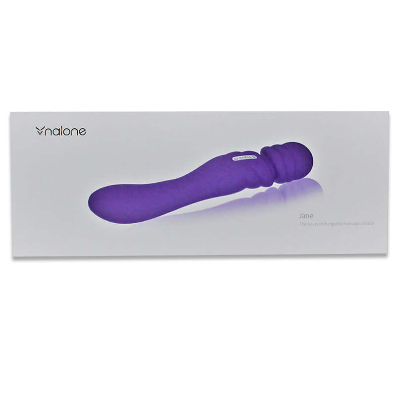 Nalone Jane Rechargeable Dual Ended Wand Vibrator Purple in packaging, designed for targeted stimulation and pleasure.
