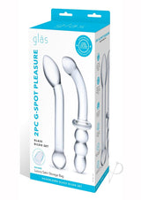 Glas G-Spot Pleasure Dildo Set (2 piece) Clear packaging featuring two glass dildos and luxury storage bag.