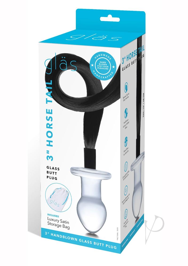 Glas Stallion Glass Pony Tail Butt Plug Clear Black packaging featuring a glass butt plug with a horse tail.