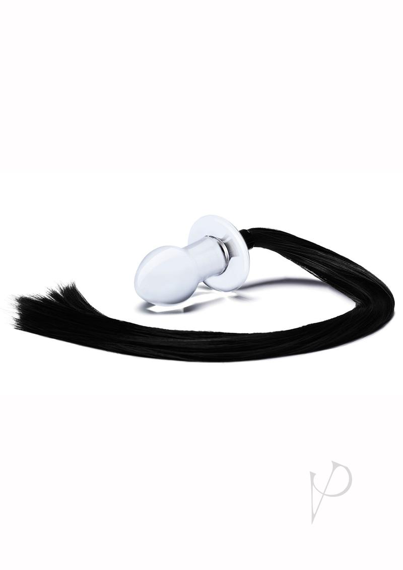 Glas Stallion Glass Pony Tail Butt Plug Clear Black with long black ponytail and smooth glass plug.