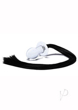 Glas Stallion Glass Pony Tail Butt Plug Clear Black with long black ponytail and smooth glass plug.