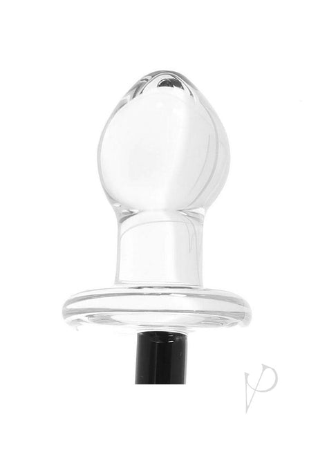 Glas Stallion Glass Pony Tail Butt Plug Clear Black showcasing the smooth glass design and elegant pony tail attachment.