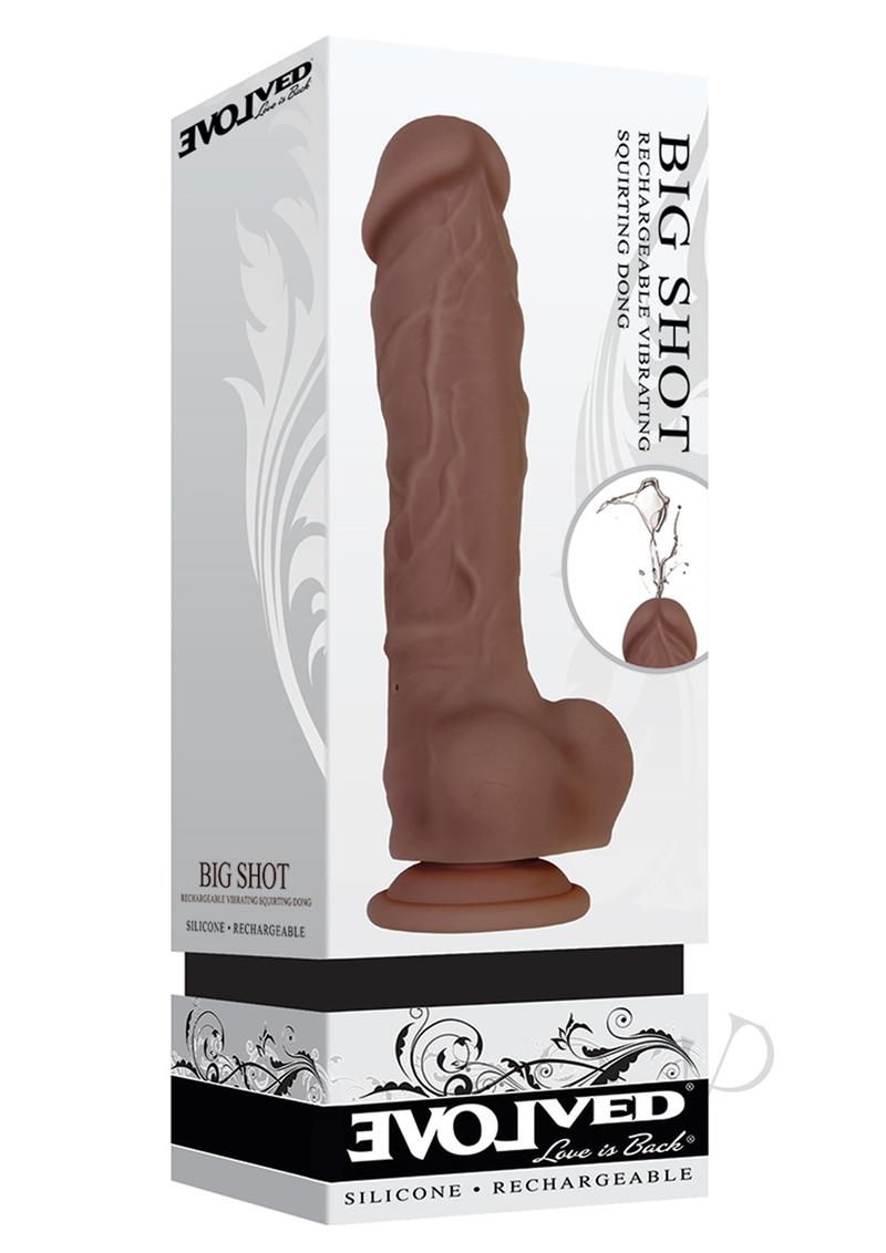 Big Shot 8 Inch Vibrating Squirting Dong Chocolate in packaging, showcasing the lifelike design and functionality.