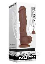 Big Shot 8 Inch Vibrating Squirting Dong Chocolate in packaging, showcasing the lifelike design and functionality.