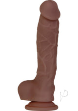 Big Shot 8 Inch Vibrating Squirting Dong Chocolate with realistic texture and strong suction base for hands-free fun.