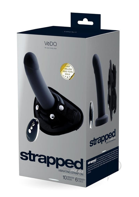 VeDO Strapped Vibrating Strap On Remote Just Black packaging featuring silicone strap-on with remote control.