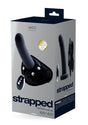 VeDO Strapped Vibrating Strap On Remote Just Black packaging featuring silicone strap-on with remote control.
