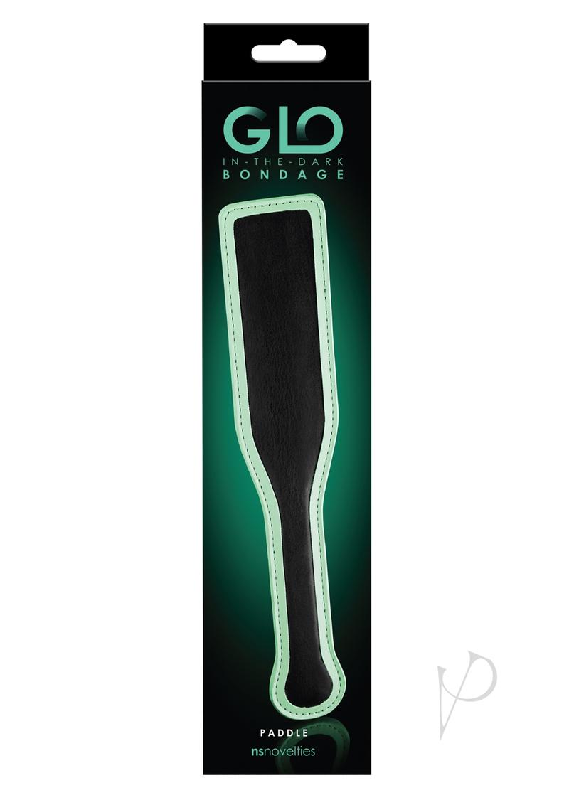 GLO Bondage Glow In The Dark Paddle Green packaging featuring a black paddle with a glow-in-the-dark edge.