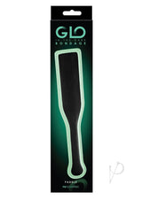GLO Bondage Glow In The Dark Paddle Green packaging featuring a black paddle with a glow-in-the-dark edge.