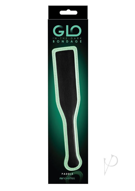 GLO Bondage Glow In The Dark Paddle Green packaging featuring a black paddle with a glow-in-the-dark edge.
