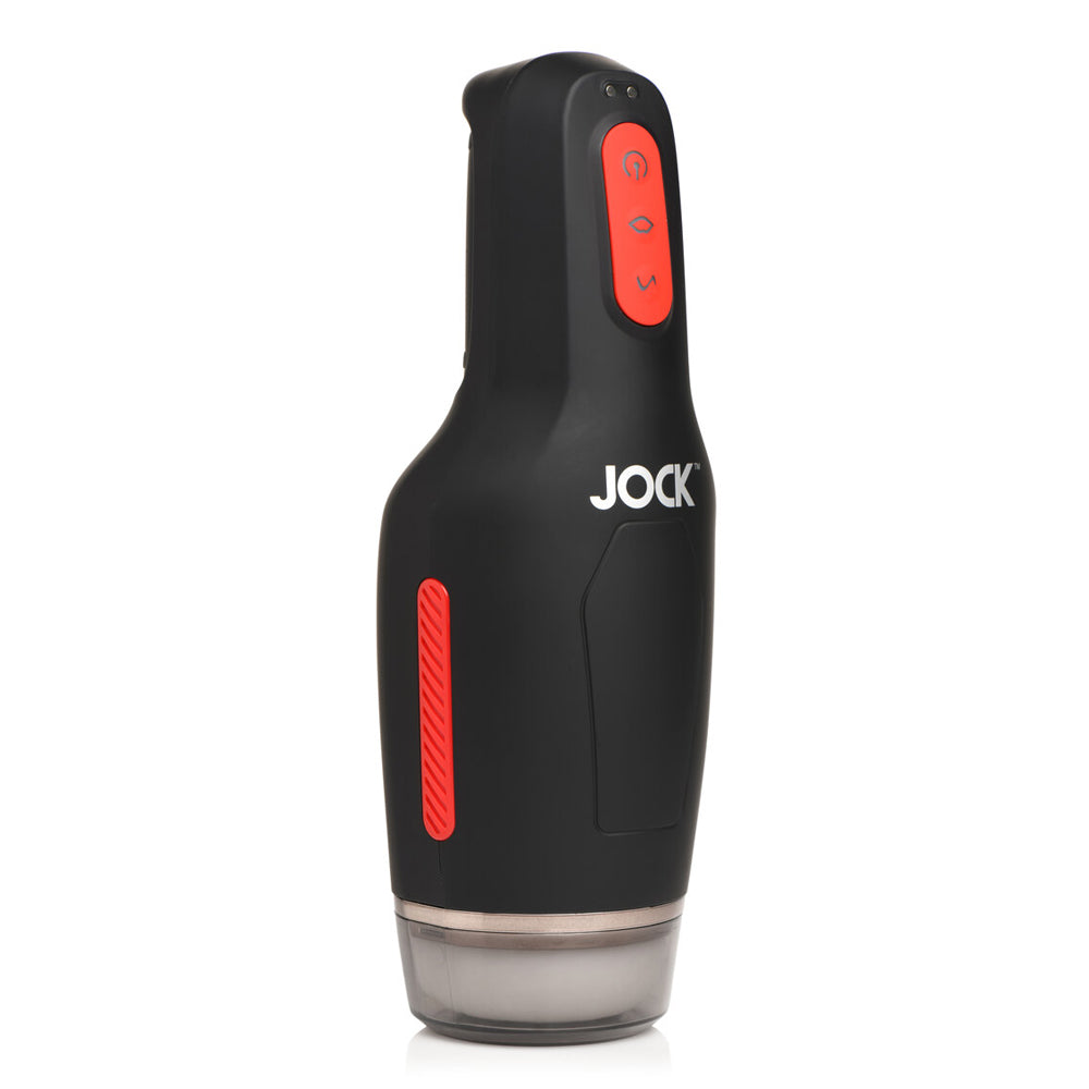 Jock 15X Sucking and Vibrating Masturbator White side view showing ergonomic design and controls.