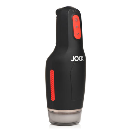 Jock 15X Sucking and Vibrating Masturbator White side view showing ergonomic design and controls.