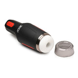 Jock 15X Sucking and Vibrating Masturbator White with ergonomic handle and textured sleeve for increased pleasure.