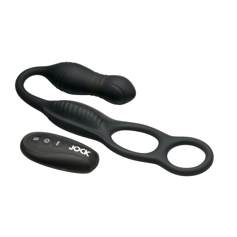 Jock Hyper Thrusting and Vibrating Anal Plug with C-Ring with remote control for enhanced stimulation.