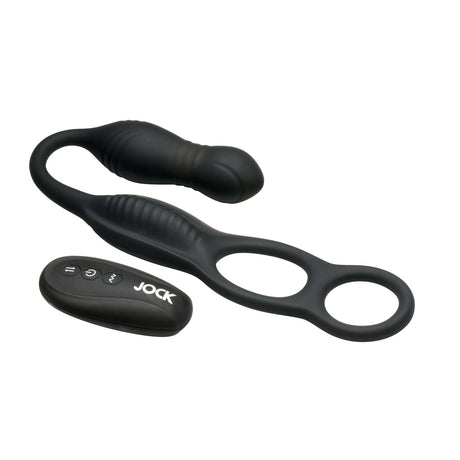 Jock Hyper Thrusting and Vibrating Anal Plug with C-Ring with remote control for enhanced stimulation.