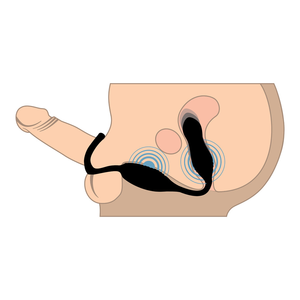 Illustration of Jock Hyper Thrusting and Vibrating Anal Plug with C-Ring demonstrating its design and stimulation areas.