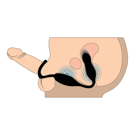 Illustration of Jock Hyper Thrusting and Vibrating Anal Plug with C-Ring demonstrating its design and stimulation areas.
