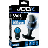 Jock Electro Volt E-stim Curved Prostate Plug Black packaging showcasing the product and remote for enhanced stimulation.