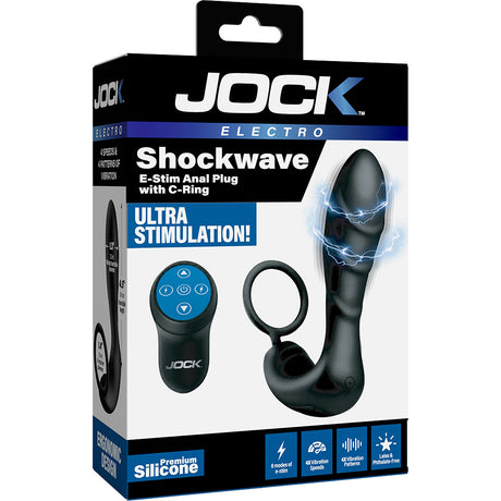 Jock Electro Shockwave E-stim Anal Plug With C-ring packaging showcasing the product and wireless remote.