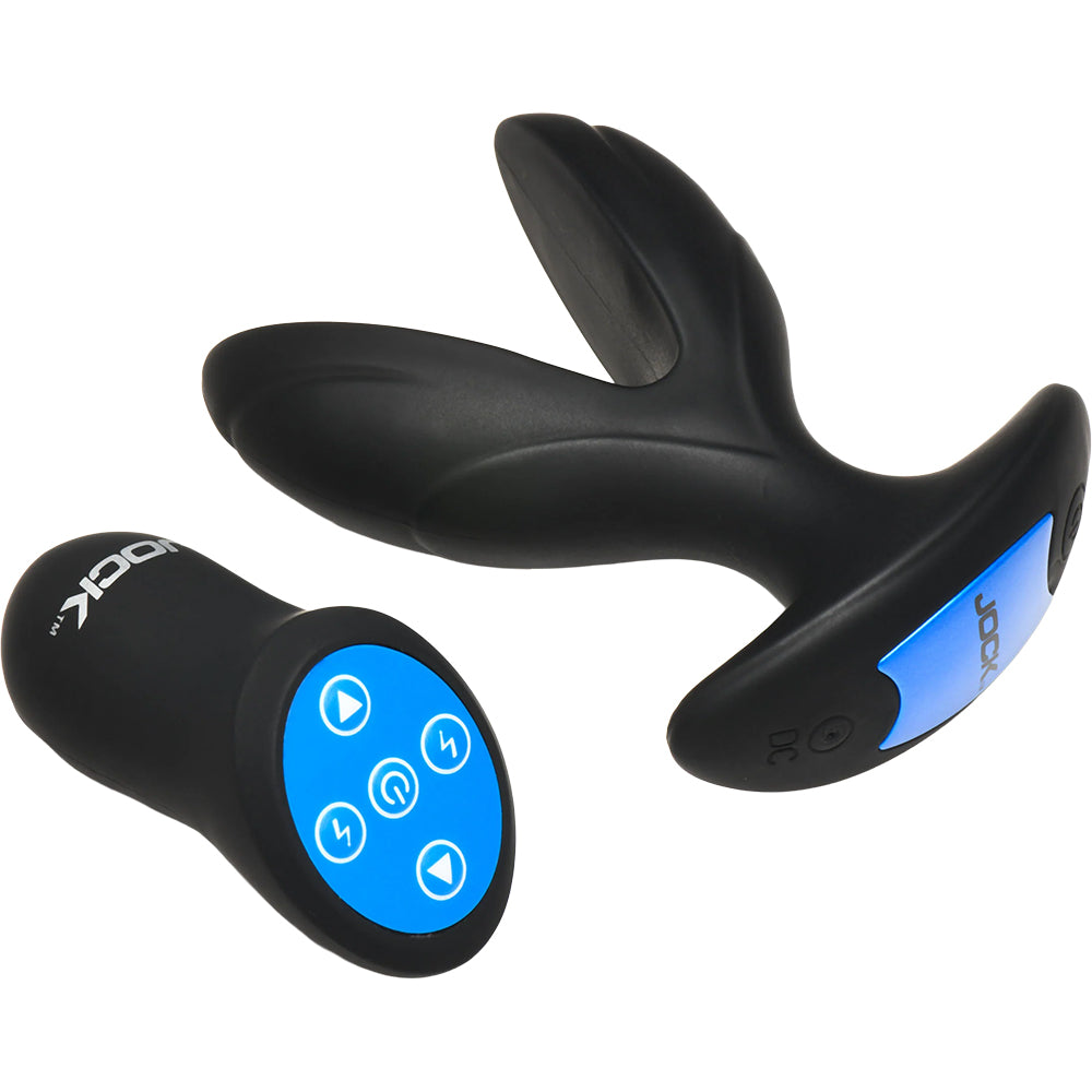 Jock Electro Power Pulse E-stim Anchor Anal Plug Black with remote control for vibration and electro-play stimulation.