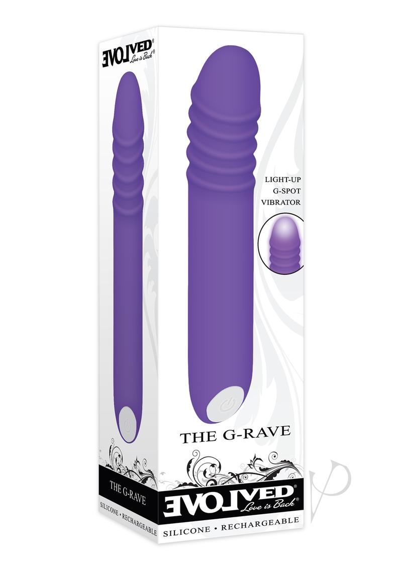 The G Rave Silicone G-Spot Light-Up Vibrator Purple in packaging, featuring ribbed design and light-up functionality.