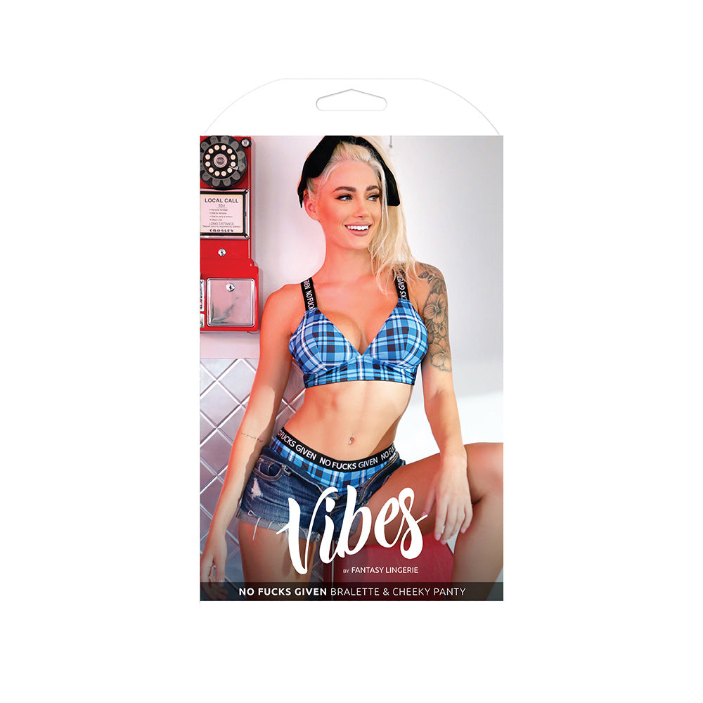 No Fucks Given Plaid Bralette & Cheeky Panty Set packaging with model showcasing playful lingerie style.