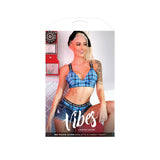 No Fucks Given Plaid Bralette & Cheeky Panty Set packaging with model showcasing playful lingerie style.
