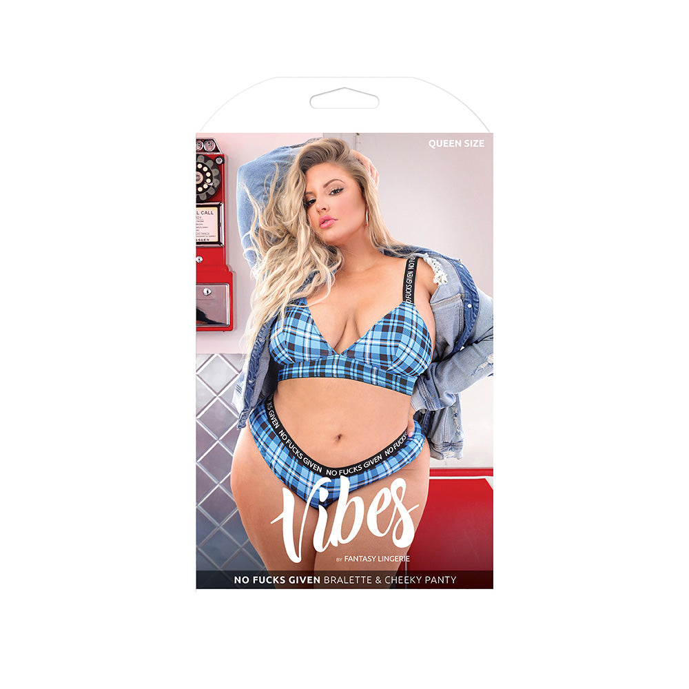 No Fucks Given Bralette & Cheeky Panty Queen Size Boxed packaging with model showcasing the two-piece set.