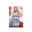 No Fucks Given Box Pleat Skirt Queen Size Boxed on model wearing plaid top, showcasing flirty and bold style.