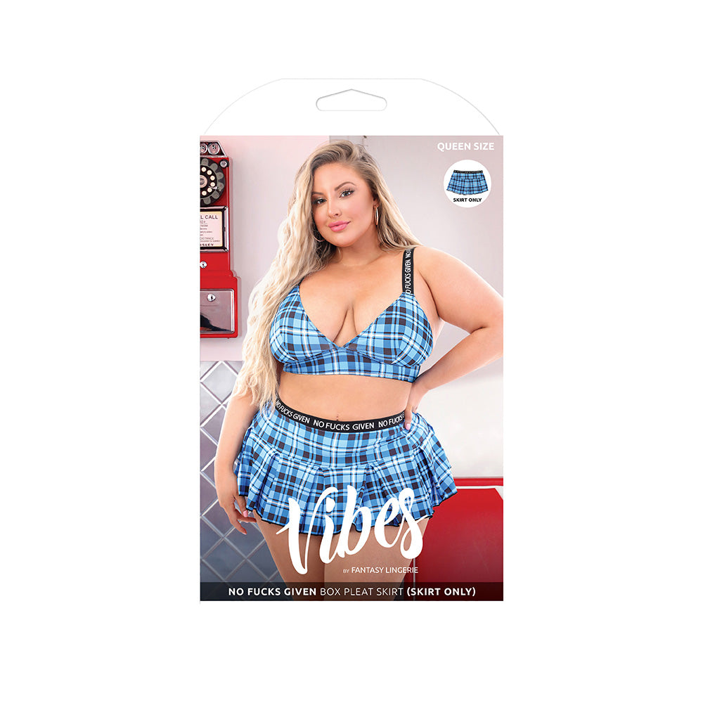 No Fucks Given Box Pleat Skirt Queen Size Boxed on model wearing plaid top, showcasing flirty and bold style.