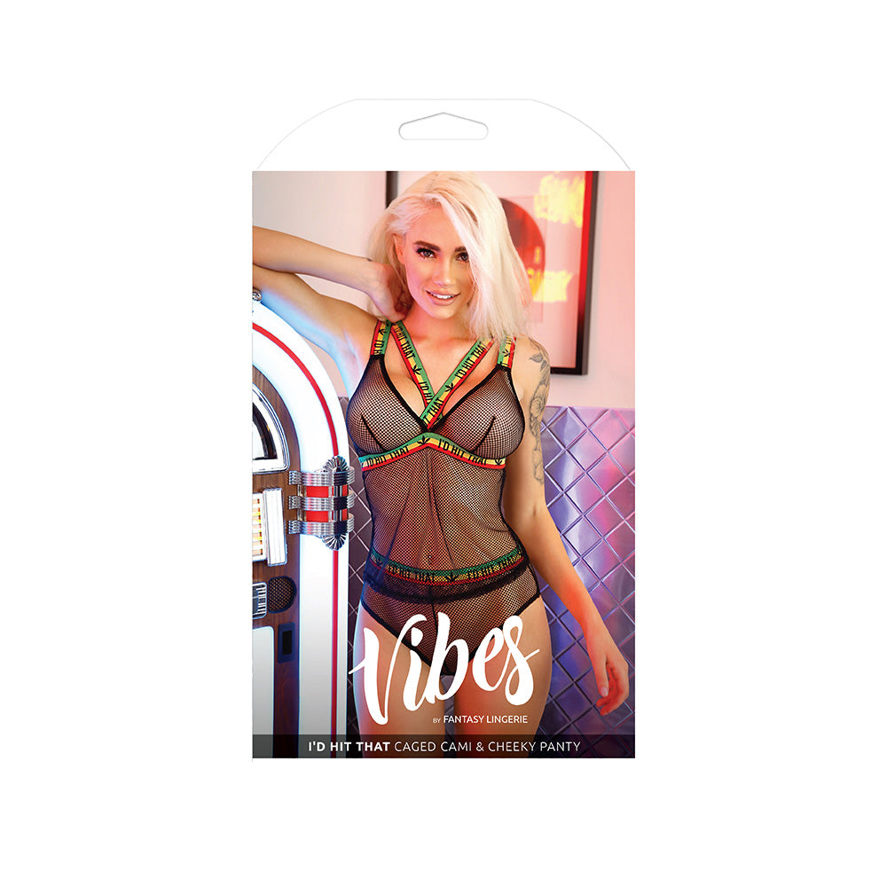 Fantasy Lingerie I'd Hit That Caged Cami Panty Set model wearing playful, caged net lingerie with bold design.