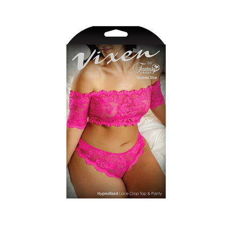 Hypnotized Lace Crop Top & Panty Queen Size packaging featuring a model in bright pink lace lingerie.