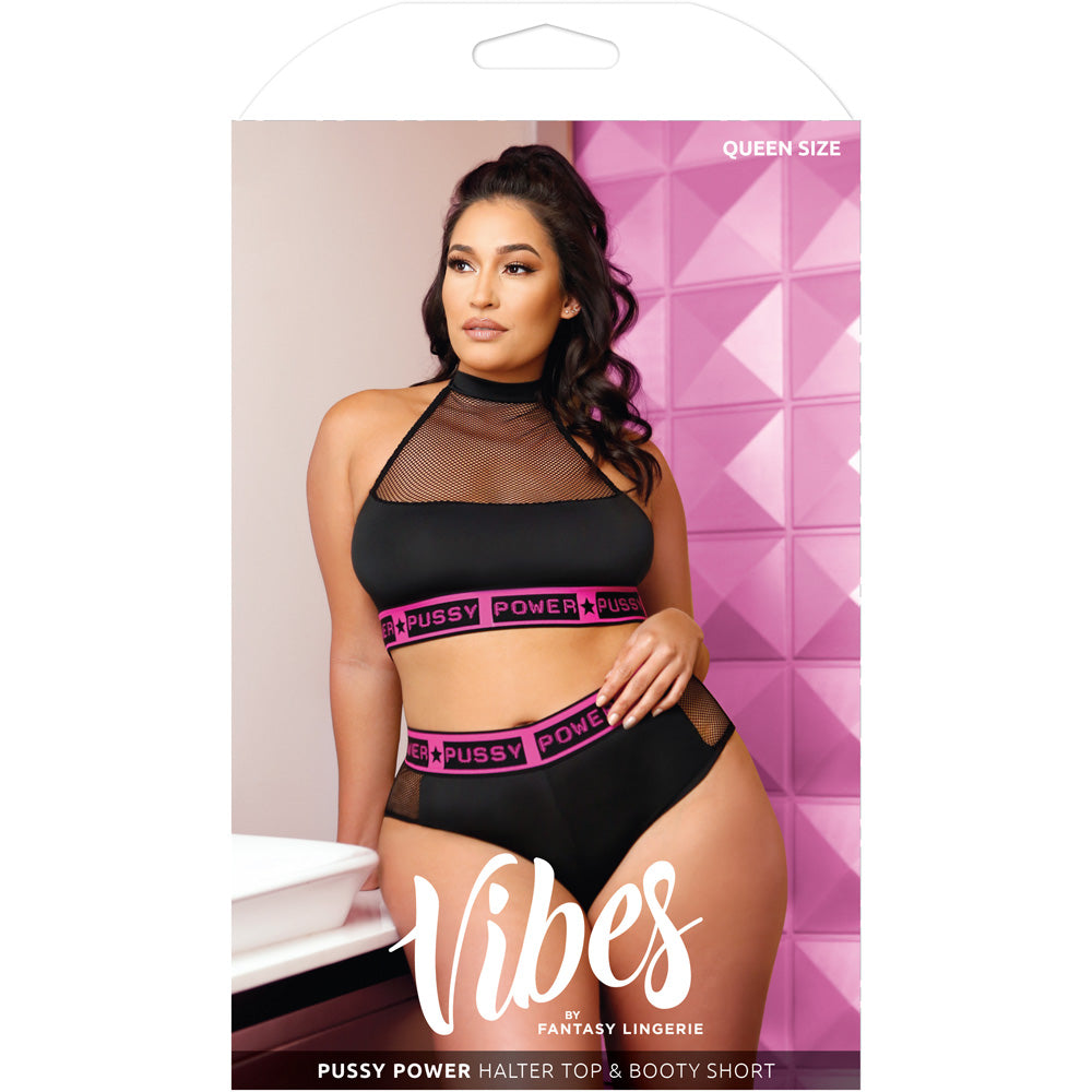 Pussy Power Halter Top & Booty Short Queen displayed on a packaging with a model wearing the set in queen size.