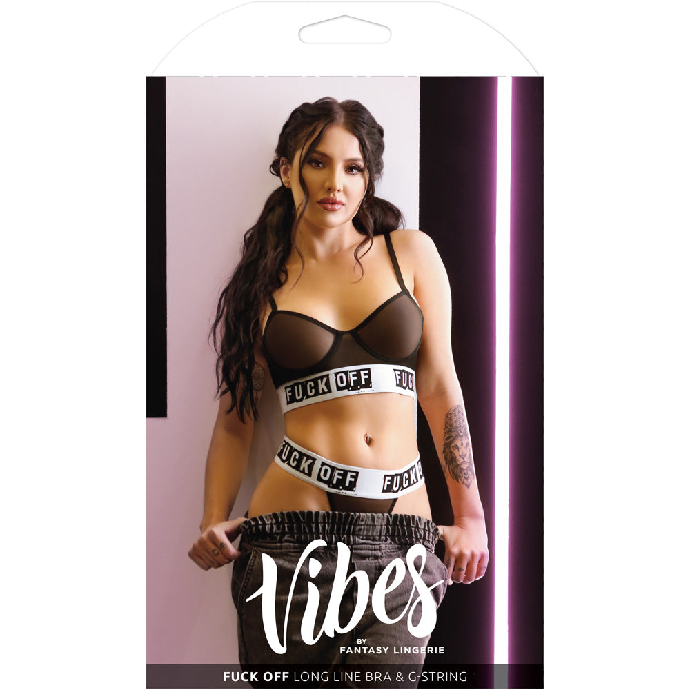 Fuck Off Longline Bra & Thong Set S M displayed on model showcasing bold design and style from Fantasy Lingerie.