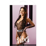 Model showcasing the Fantasy Lingerie Fuck Off Playsuit M L in sheer mesh with bold waistband.